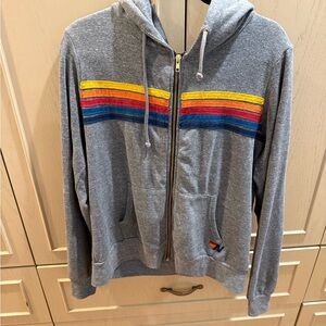 Aviator Nation Gray Zip Up Sweater with Rainbow Stripes